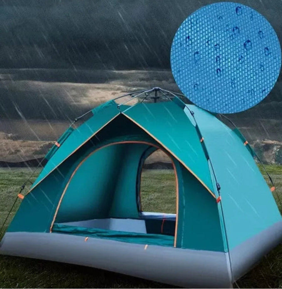 A teal and gray camping tent pitched outdoors in the rain, with marketing text reading 'Excellent waterproof' and a blue circular inset showing water droplets on a waterproof surface.